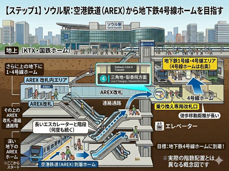 ソウル駅AREX地下鉄乗り換え構造図(地下鉄4号)
